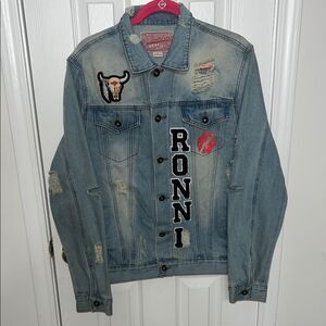 Distressed Denim Jacket with Patches